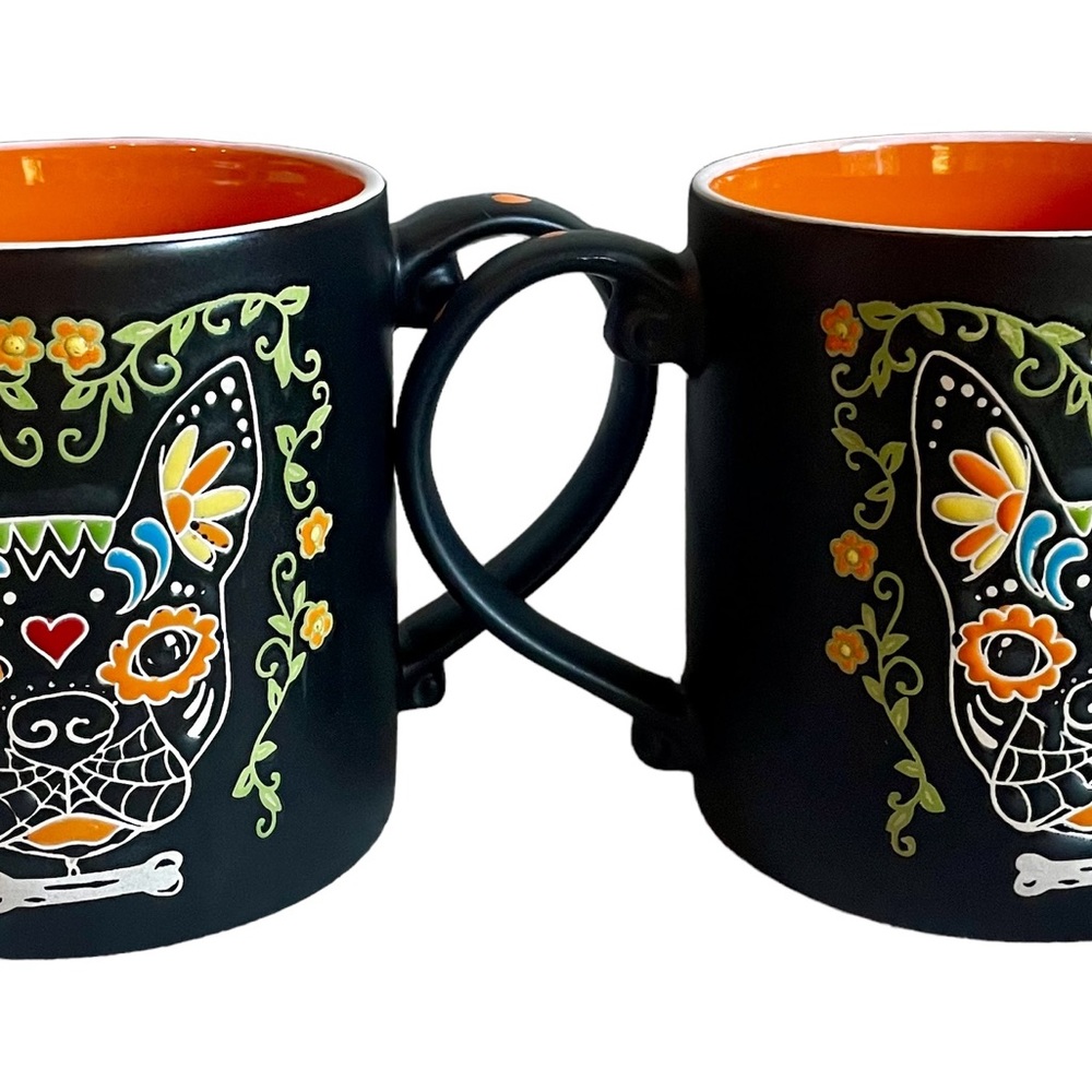 Eli & Ana 2 large dog (Frenchie, maybe) day of the dead mugs New Never Used - Picture 3 of 4